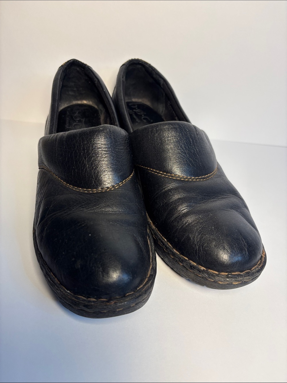 b.o.c. Black Leather Slip-On Loafers with Brown Contrast Stitching